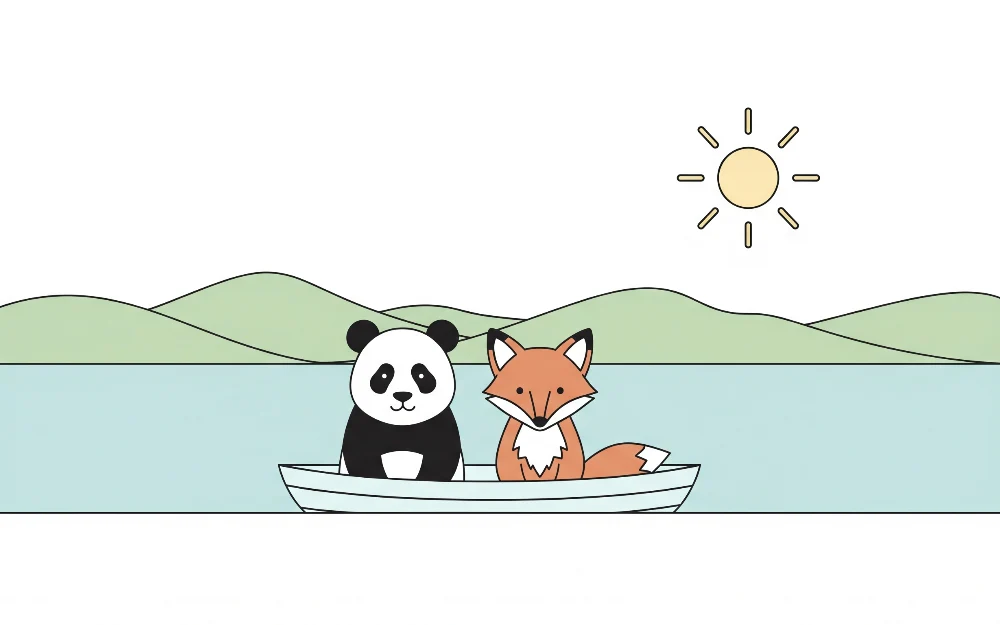 Papel de parede crianç | Panda e raposa num barco num lago tranquilo