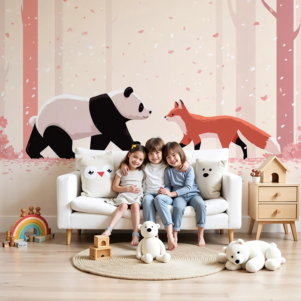 Papel de parede crianç | Panda e raposa numa floresta encantada