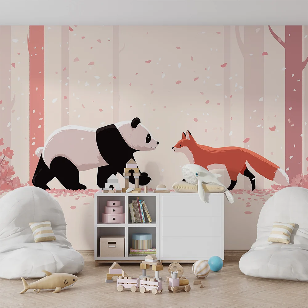 Papel de parede crianç | Panda e raposa numa floresta encantada