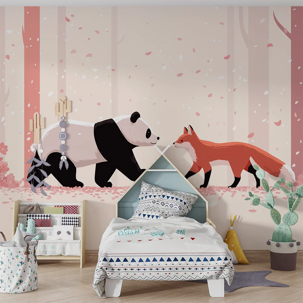 Papel de parede crianç | Panda e raposa numa floresta encantada