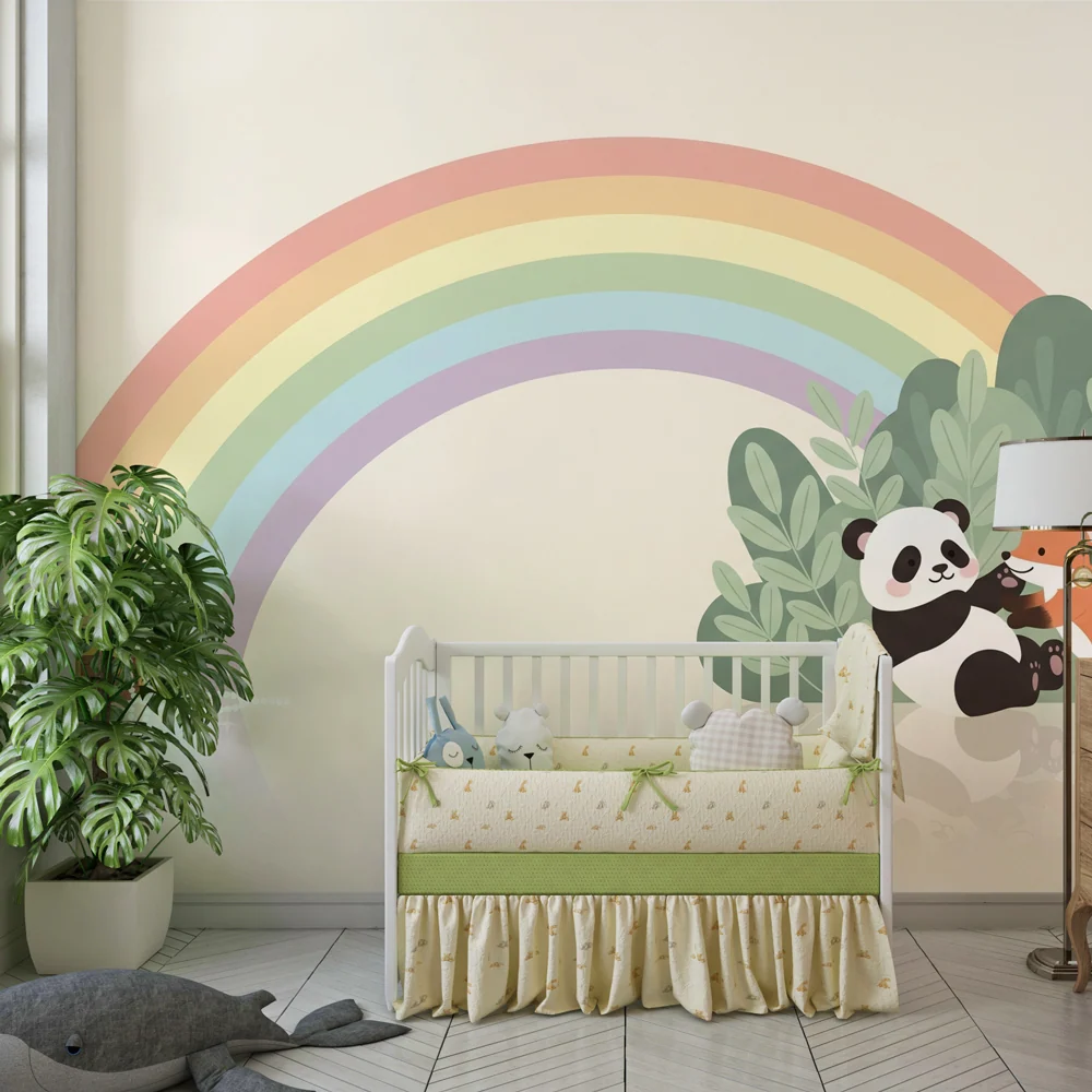 Papel de parede crianç | Panda e raposa sob um arco-íris