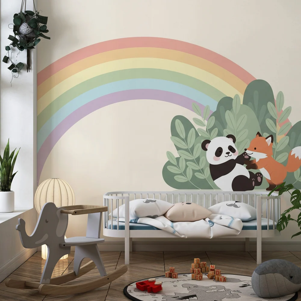 Papel de parede crianç | Panda e raposa sob um arco-íris
