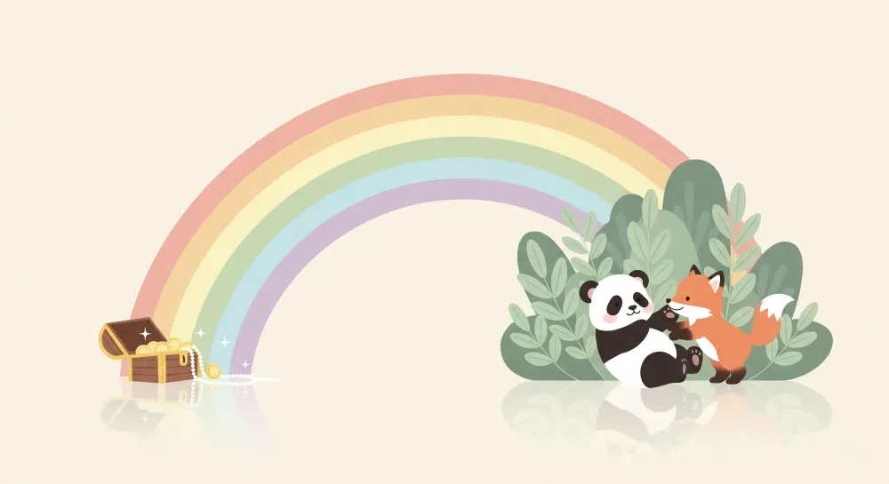Papel de parede crianç | Panda e raposa sob um arco-íris