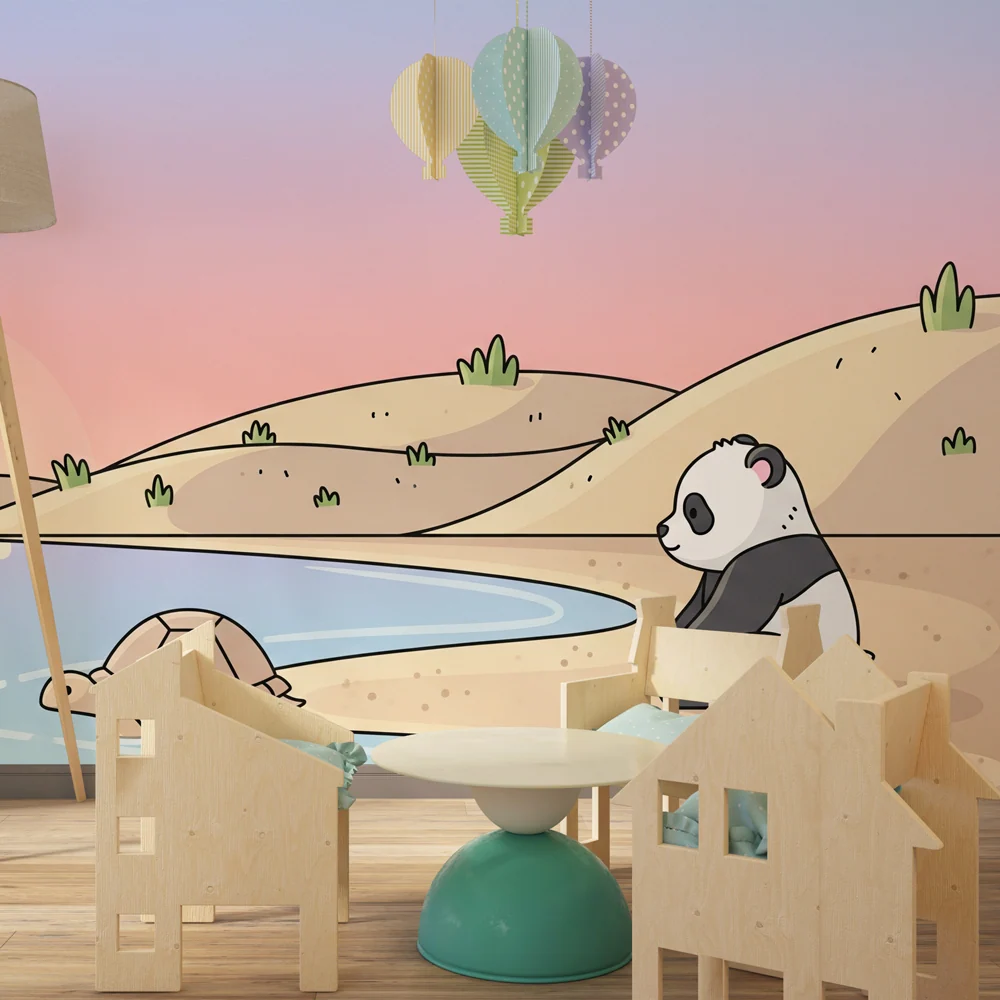 Papel de parede crianç | Panda e tartaruga à beira da água