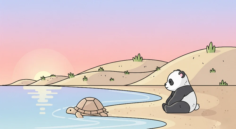 Papel de parede crianç | Panda e tartaruga à beira da água