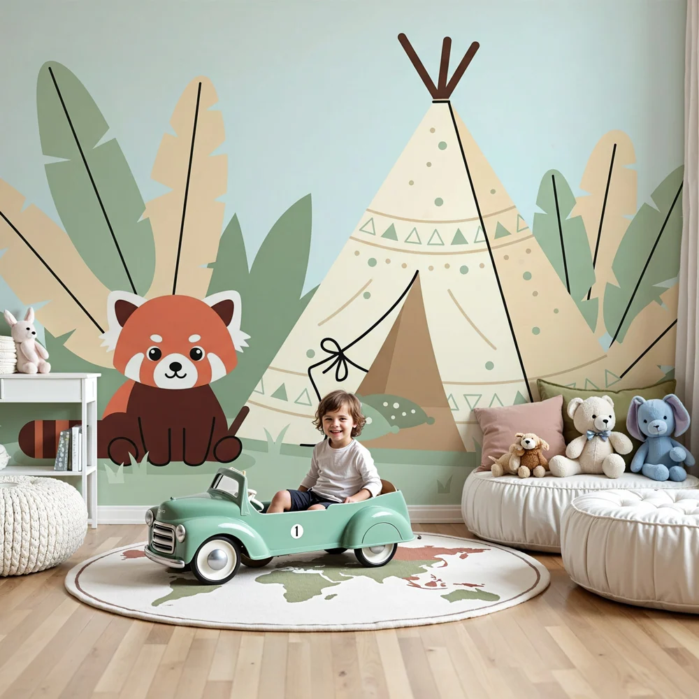 Papel de parede crianç | Panda vermelho e aventura tipi