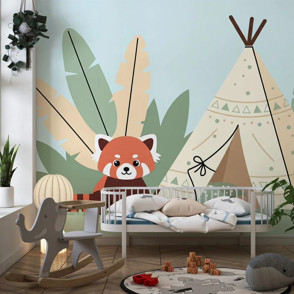 Papel de parede crianç | Panda vermelho e aventura tipi