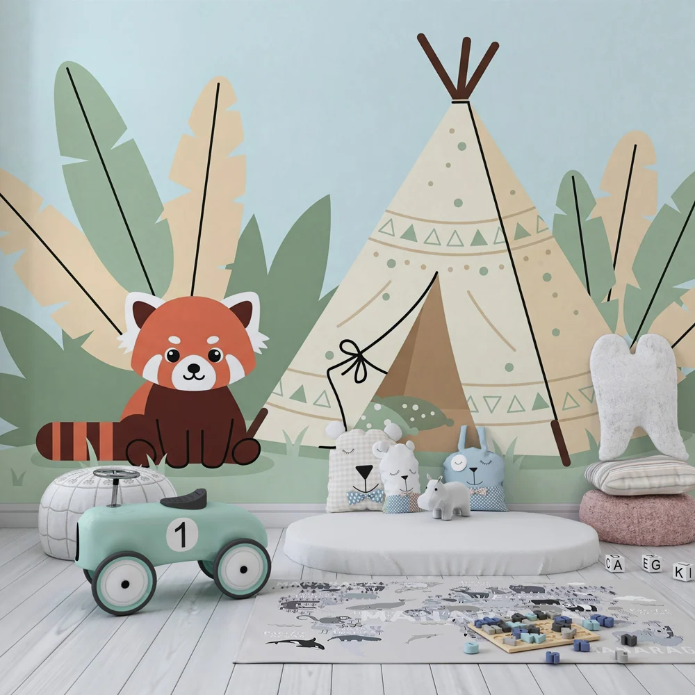 Papel de parede crianç | Panda vermelho e aventura tipi