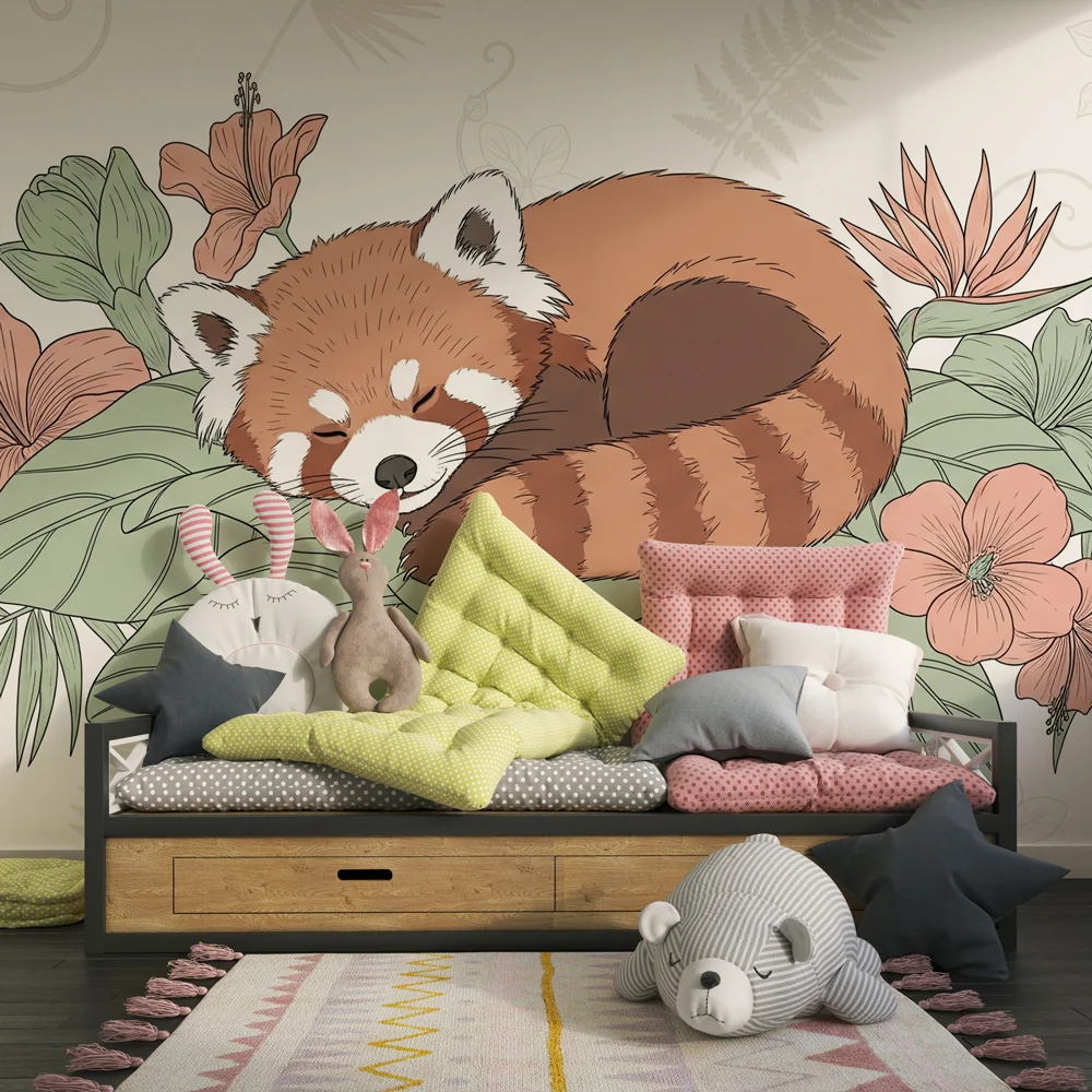 Papel de parede crianç | Panda vermelho dormindo entre as flores