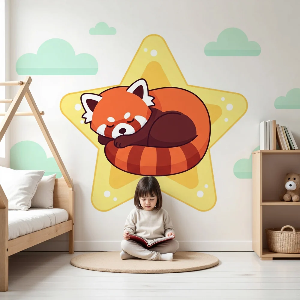 Papel de parede crianç | Panda vermelho dormir numa estrela