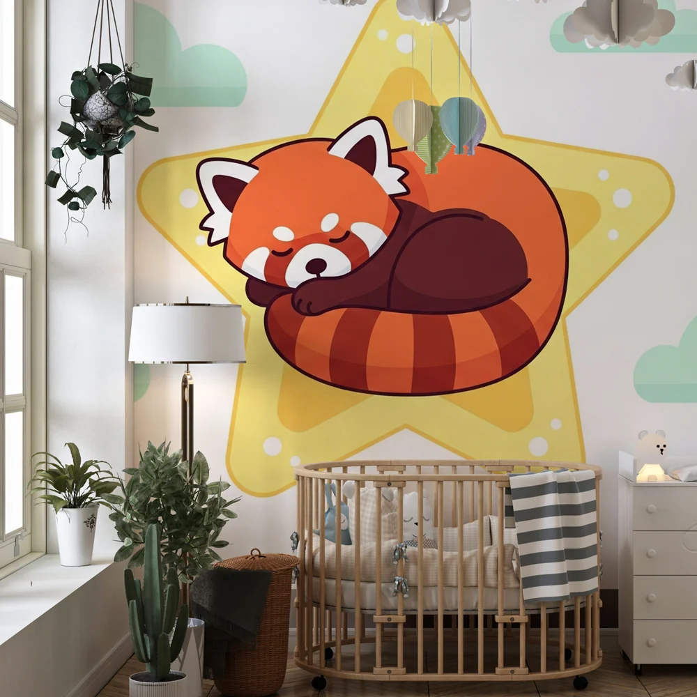 Papel de parede crianç | Panda vermelho dormir numa estrela