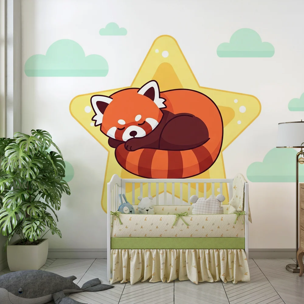 Papel de parede crianç | Panda vermelho dormir numa estrela
