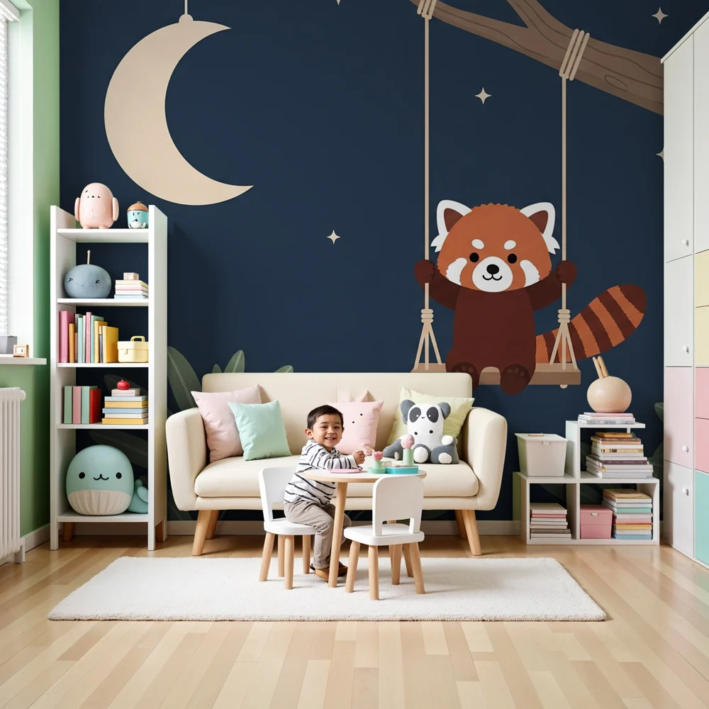 Papel de parede crianç | Panda vermelho sob um céu estrelado