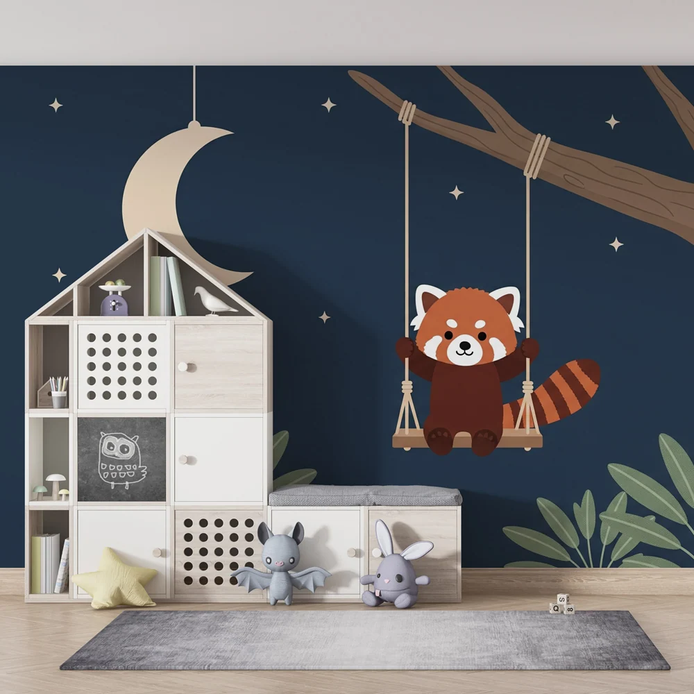 Papel de parede crianç | Panda vermelho sob um céu estrelado