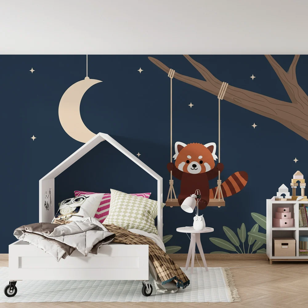 Papel de parede crianç | Panda vermelho sob um céu estrelado