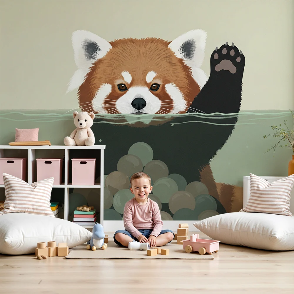 Papel de parede crianç | Panda vermelho travesso na água com bolas coloridas