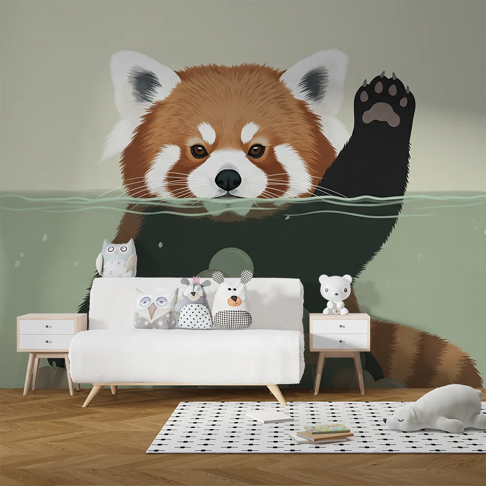 Papel de parede crianç | Panda vermelho travesso na água com bolas coloridas