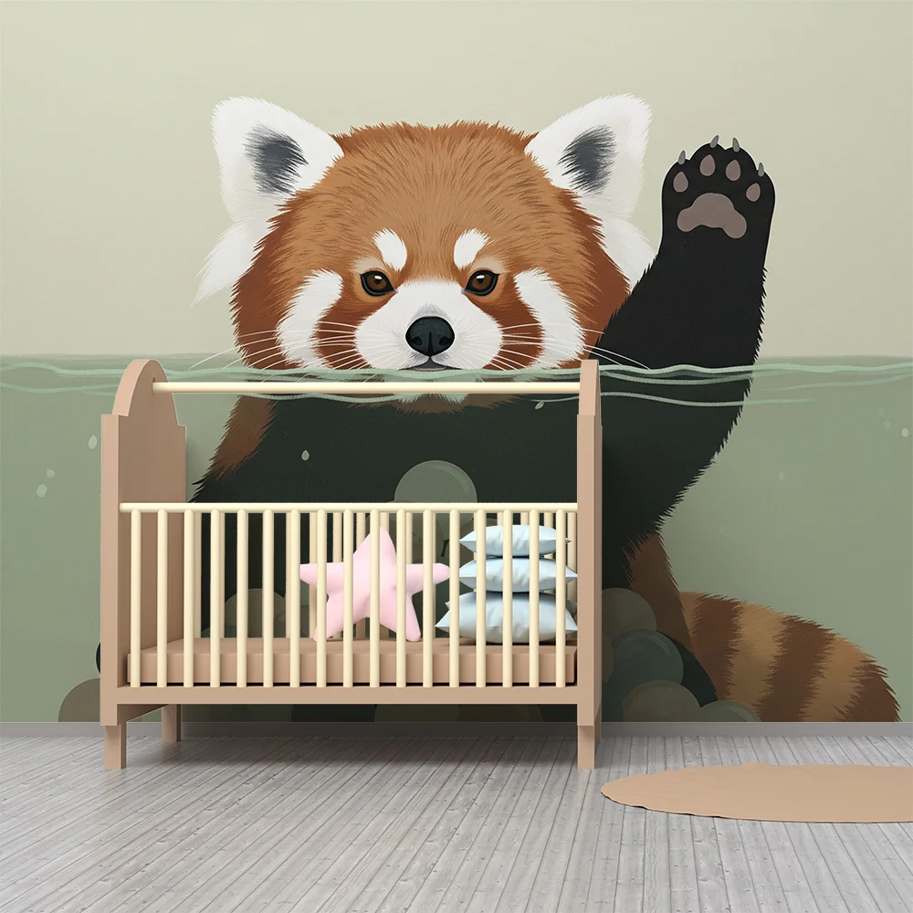 Papel de parede crianç | Panda vermelho travesso na água com bolas coloridas