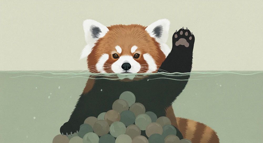 Papel de parede crianç | Panda vermelho travesso na água com bolas coloridas