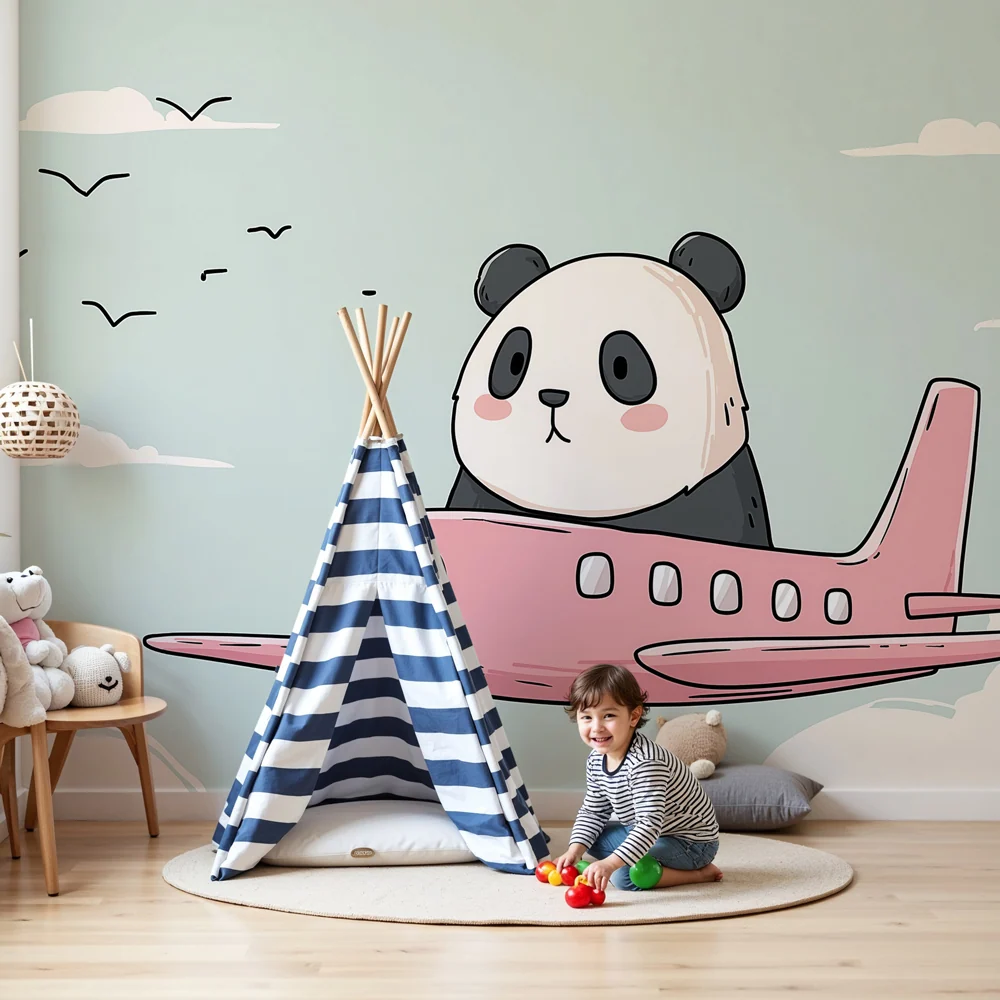 Papel de parede crianç | Panda viajante de avião
