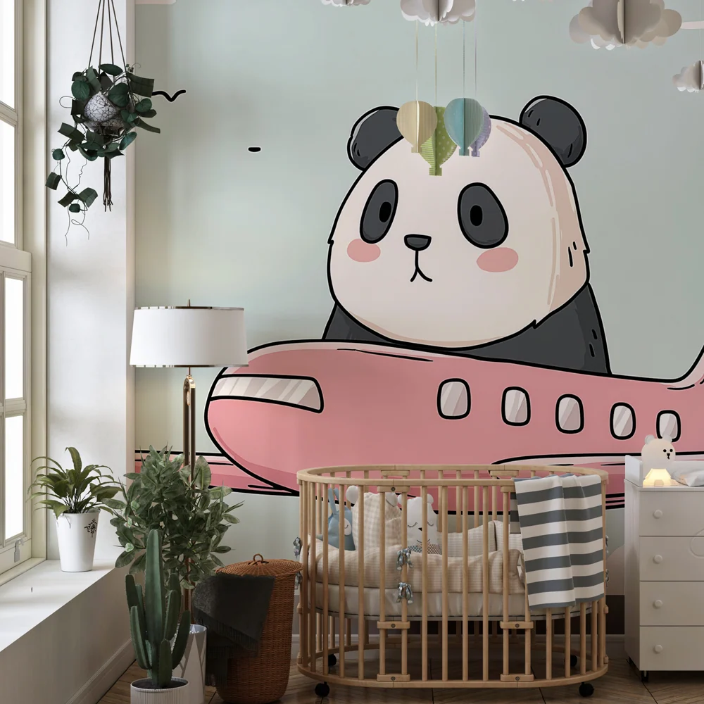 Papel de parede crianç | Panda viajante de avião