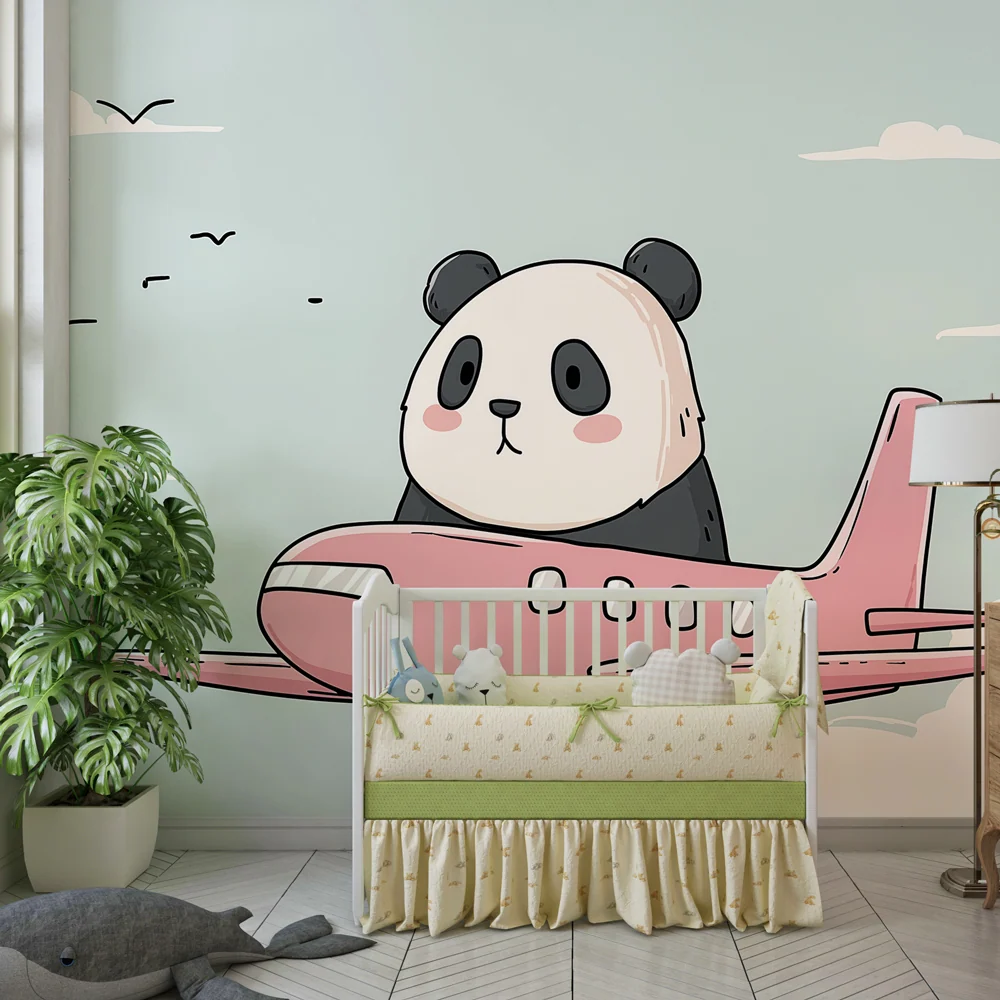 Papel de parede crianç | Panda viajante de avião