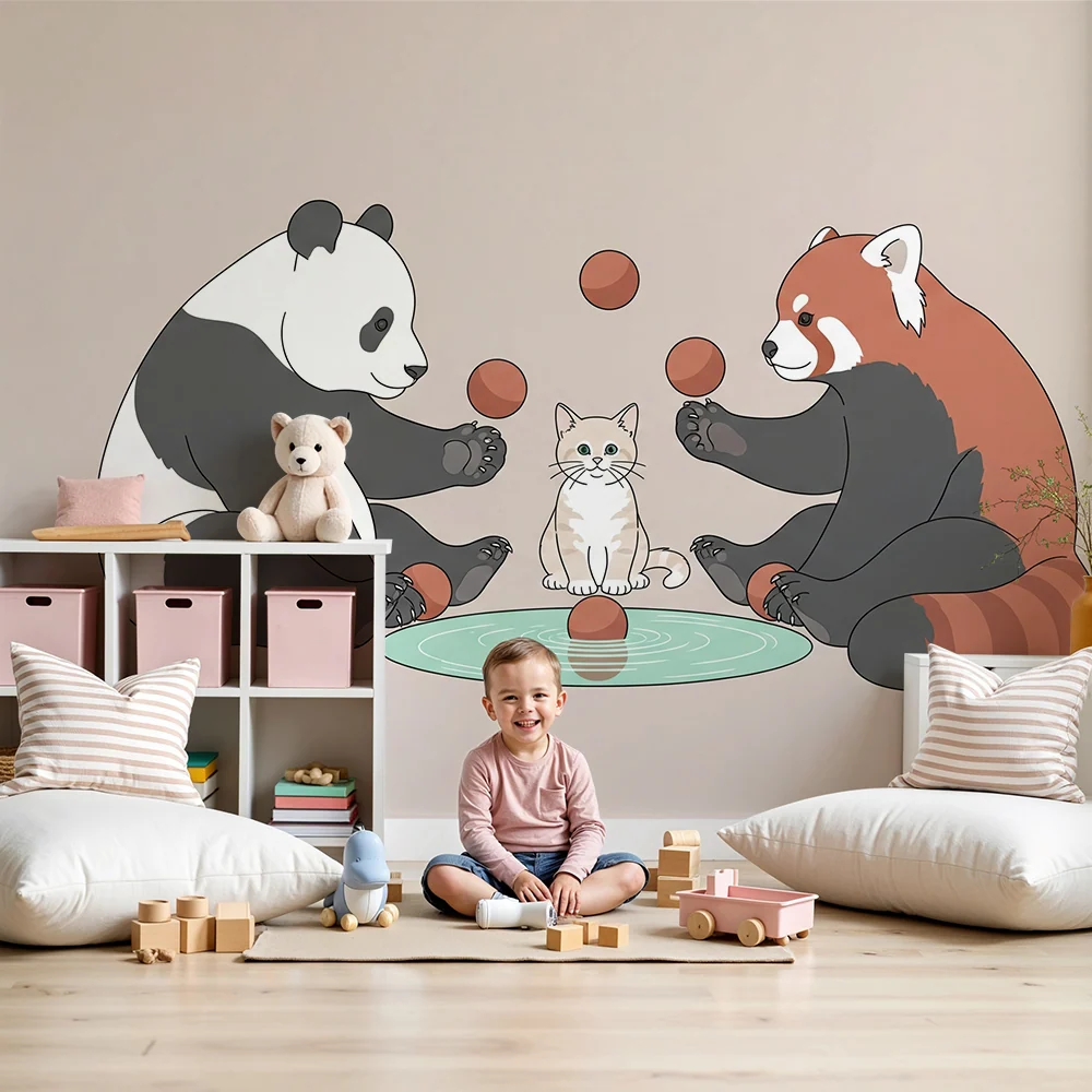Papel de parede crianç | Pandas e gatinhos brincando com bolas