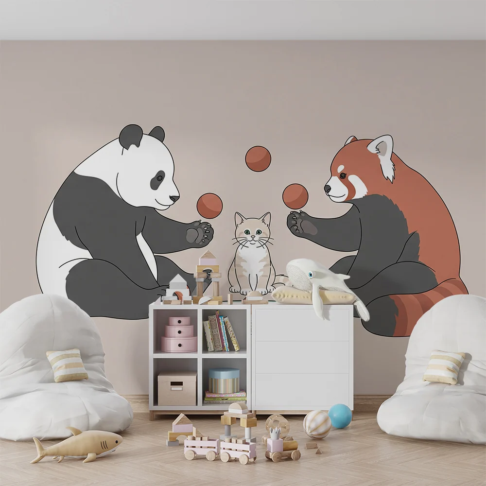 Papel de parede crianç | Pandas e gatinhos brincando com bolas