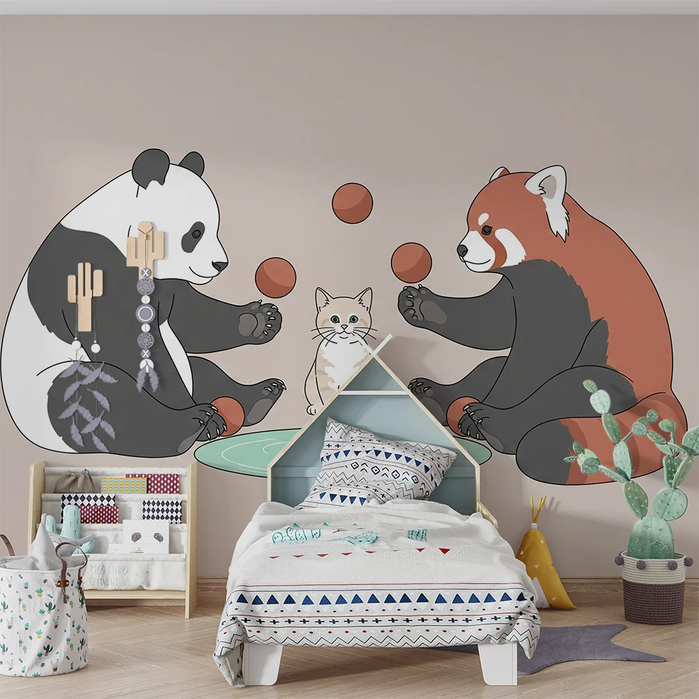 Papel de parede crianç | Pandas e gatinhos brincando com bolas