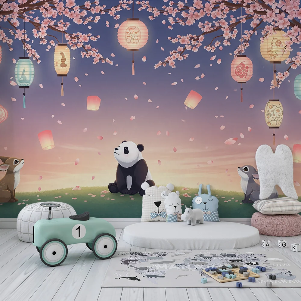 Papel de parede crianç | Pandas e lanternas sob as cerejeiras em flor