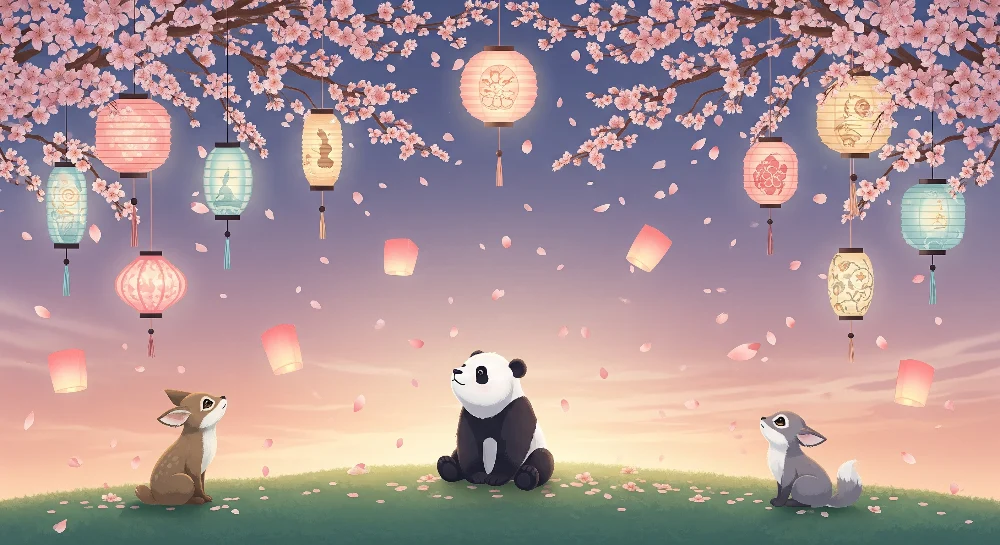 Papel de parede crianç | Pandas e lanternas sob as cerejeiras em flor
