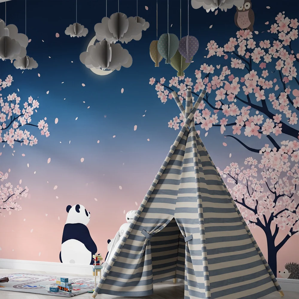 Papel de parede crianç | Pandas sob as cerejeiras em flor com uma coruja e um ouriço