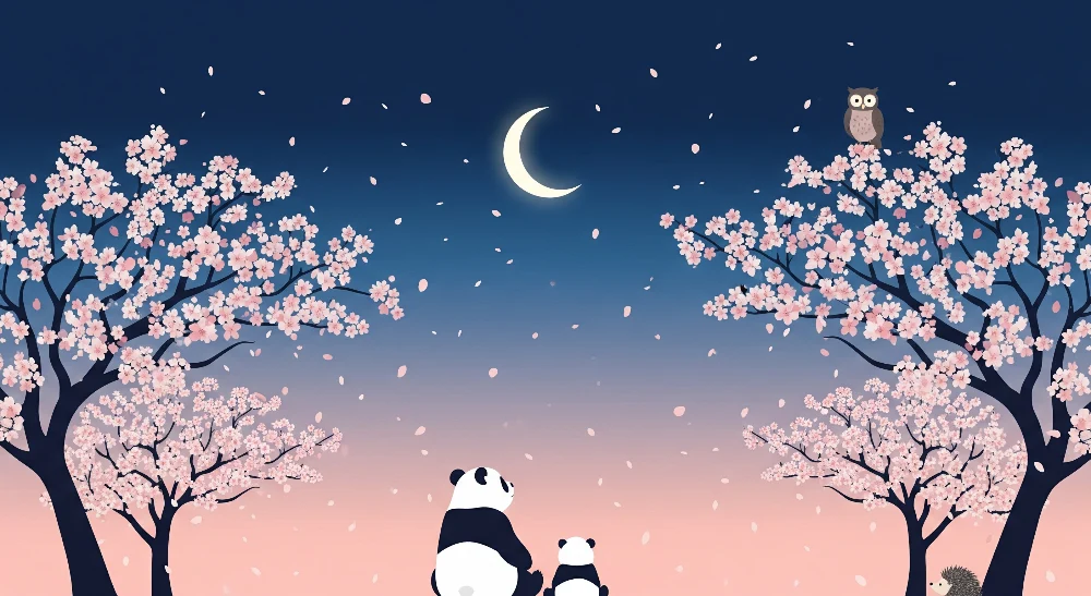 Papel de parede crianç | Pandas sob as cerejeiras em flor com uma coruja e um ouriço