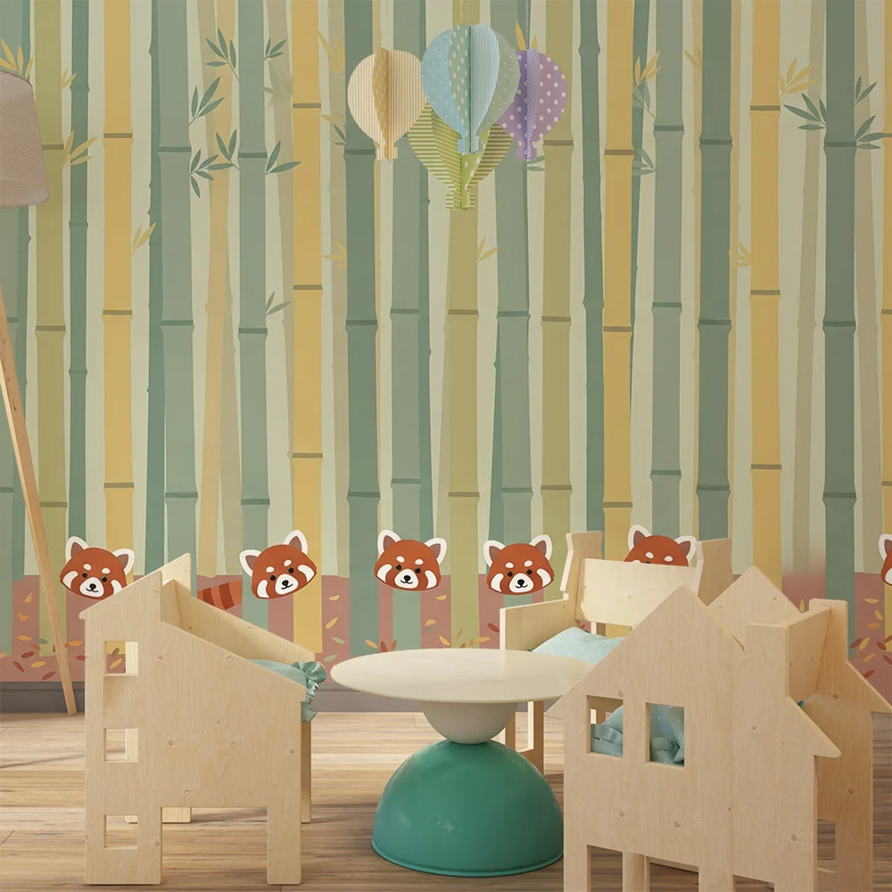 Papel de parede crianç | Pandas vermelhos travessos numa floresta de bambu