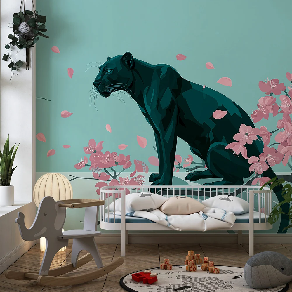 Papel de parede crianç | Pantera majestosa entre as flores de cerejeira