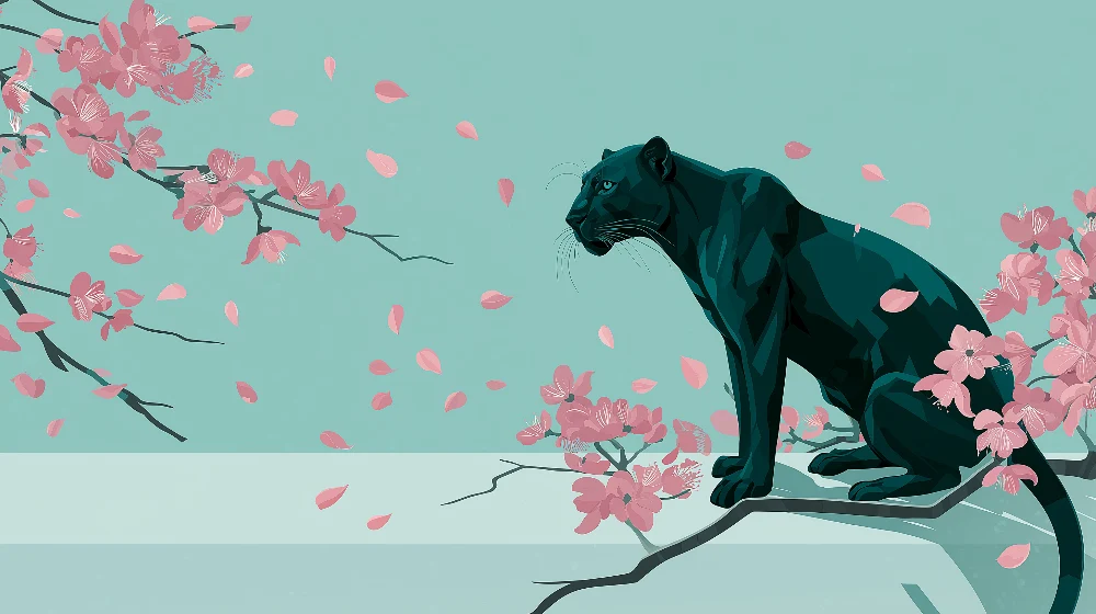 Papel de parede crianç | Pantera majestosa entre as flores de cerejeira