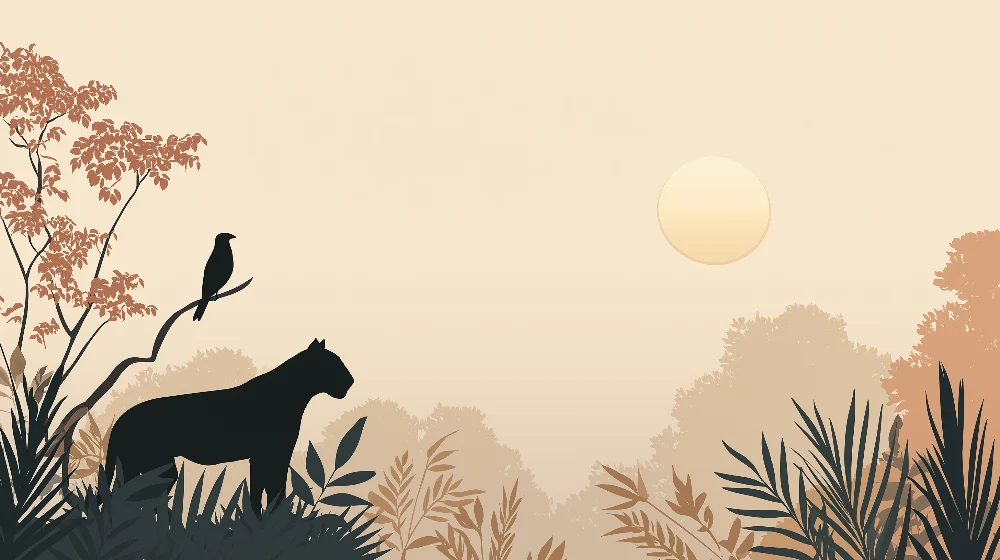 Papel de parede crianç | Pantera majestosa e paisagem tropical ao pôr do sol