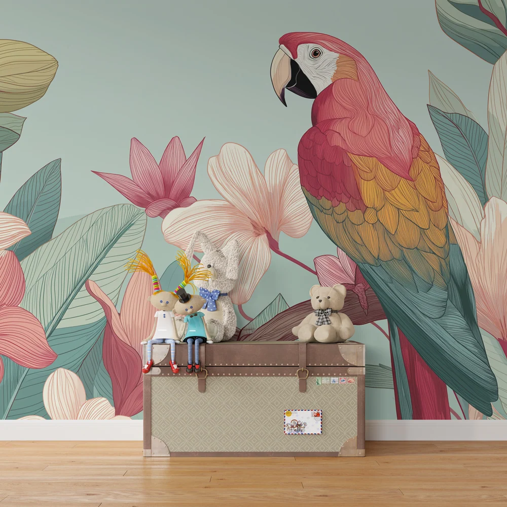 Papel de parede crianç | Papagaio colorido entre flores exóticas