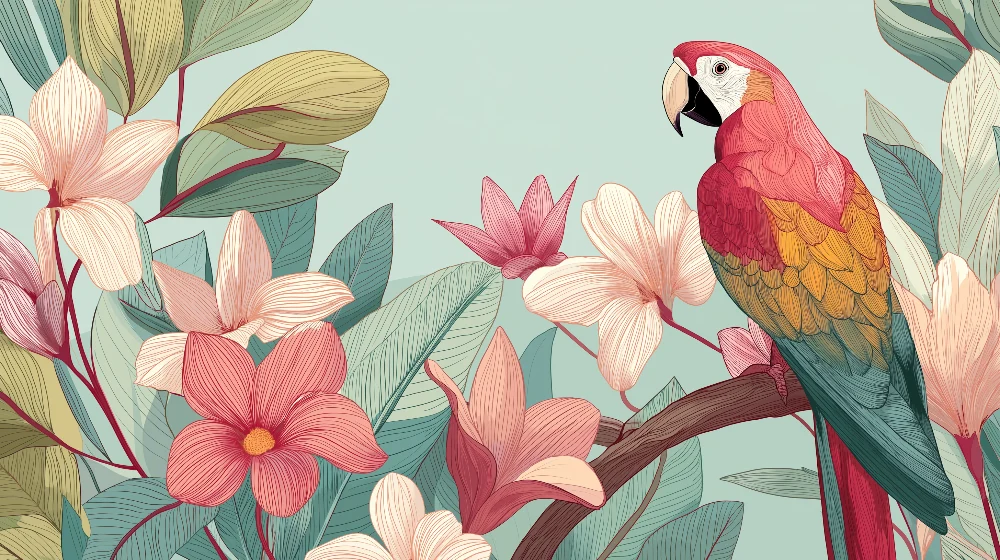 Papel de parede crianç | Papagaio colorido entre flores exóticas