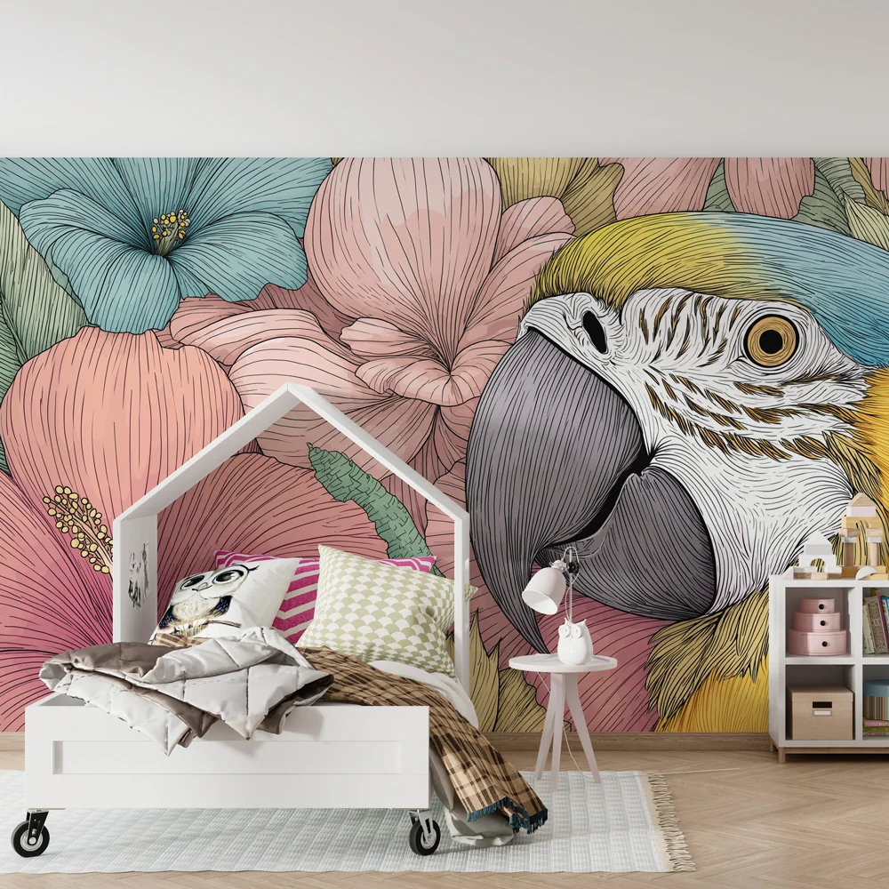 Papel de parede crianç | Papagaio colorido e flores vibrantes