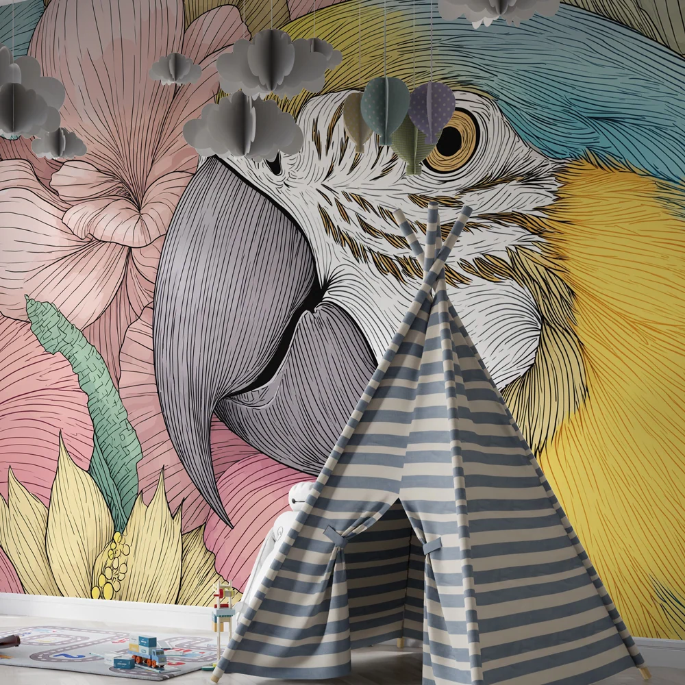 Papel de parede crianç | Papagaio colorido e flores vibrantes