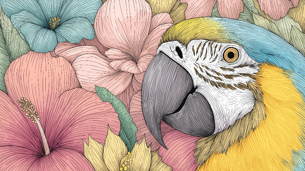 Papel de parede crianç | Papagaio colorido e flores vibrantes