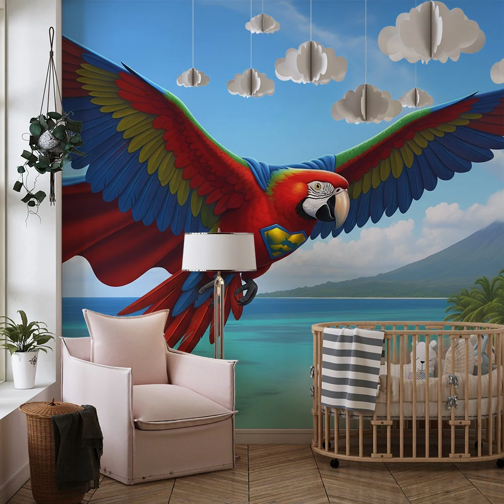 Papel de parede crianç | Papagaio colorido em um fundo tropical com praia e vulcão