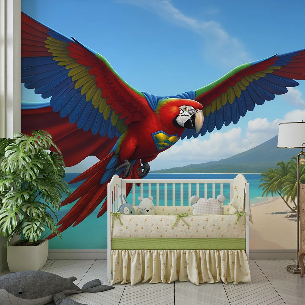 Papel de parede crianç | Papagaio colorido em um fundo tropical com praia e vulcão