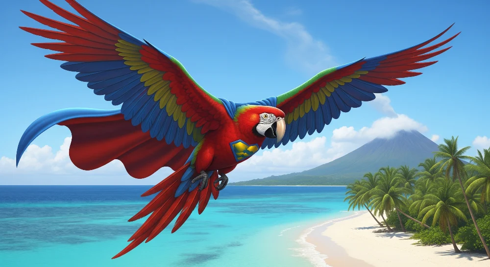 Papel de parede crianç | Papagaio colorido em um fundo tropical com praia e vulcão