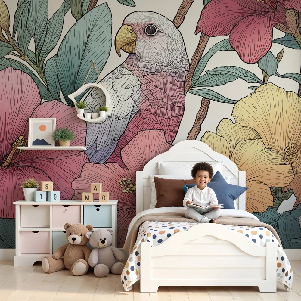 Papel de parede crianç | Papagaio e flores tropicais