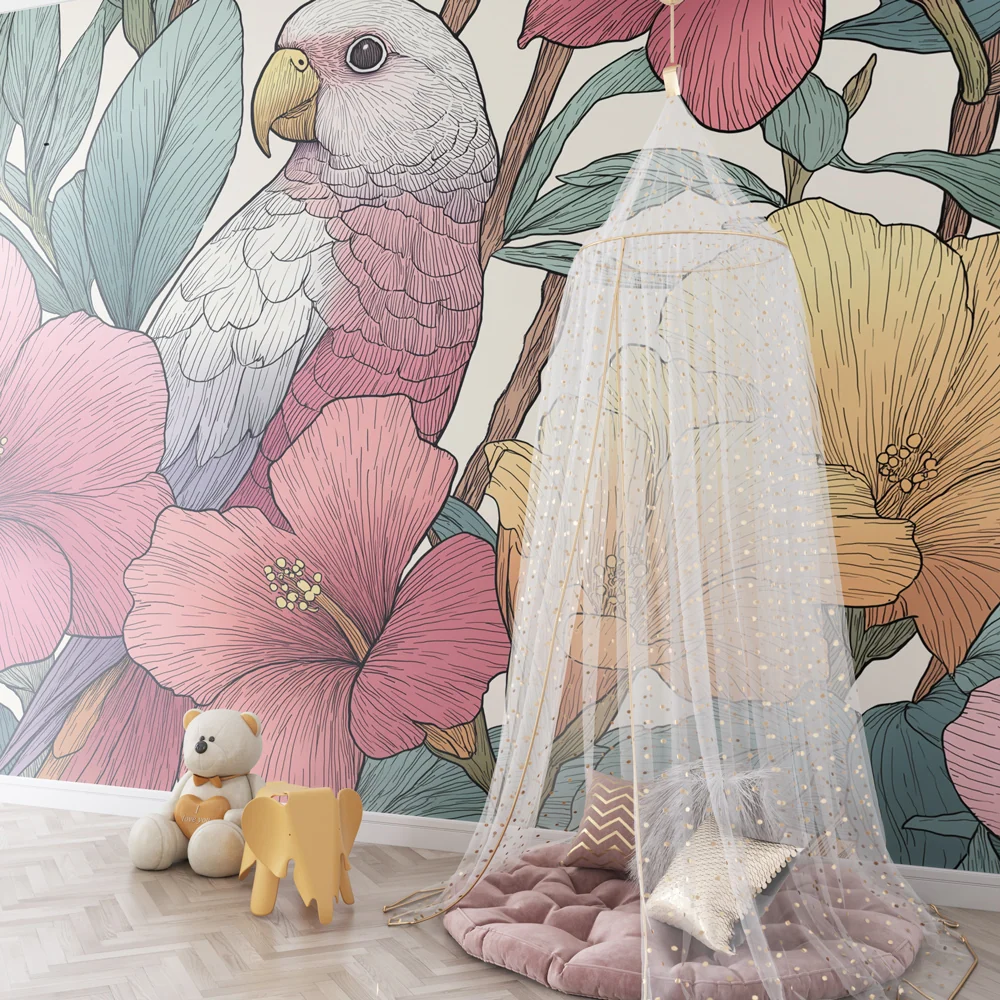 Papel de parede crianç | Papagaio e flores tropicais