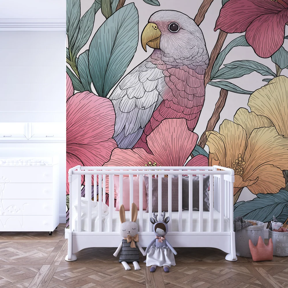 Papel de parede crianç | Papagaio e flores tropicais