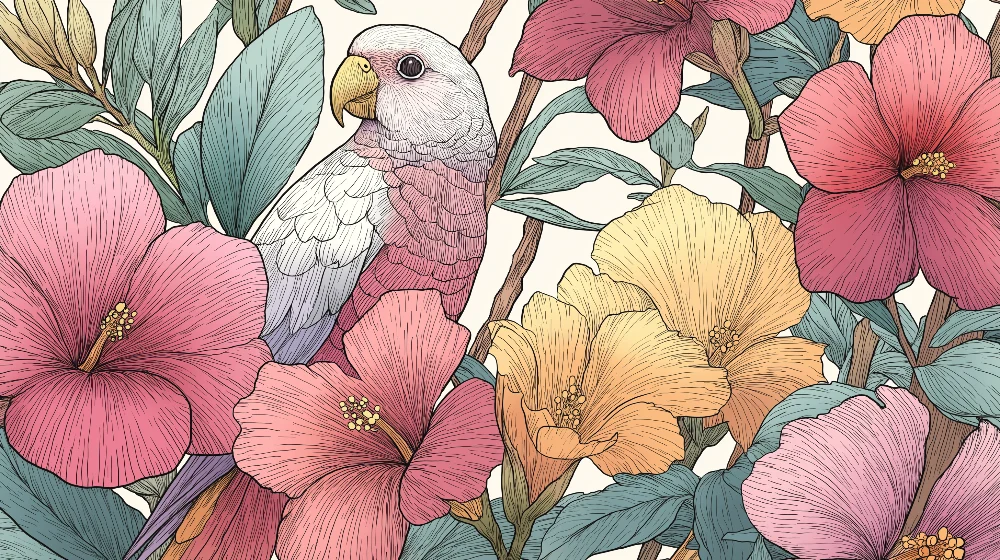 Papel de parede crianç | Papagaio e flores tropicais