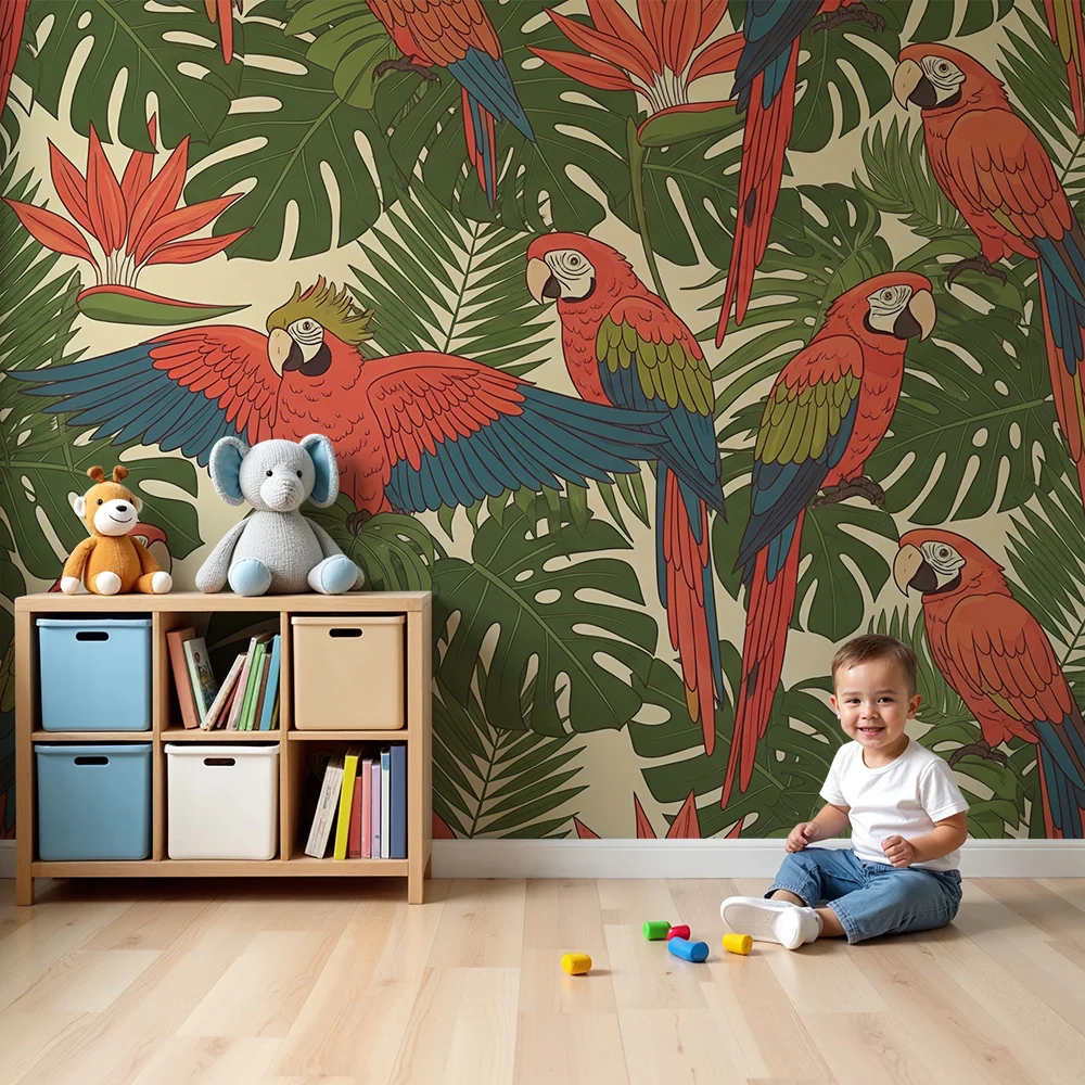Papel de parede crianç | Papagaios coloridos e folhagem tropical